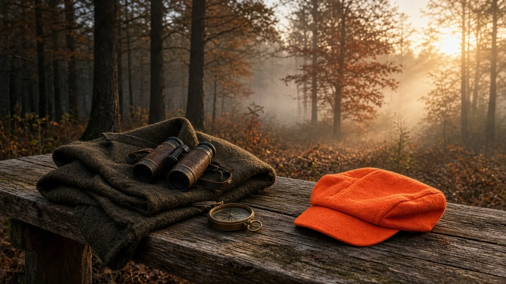 A luxurious gear still life on a weathered cedar bench at the edge of a misty autumn hardwood forest at first light