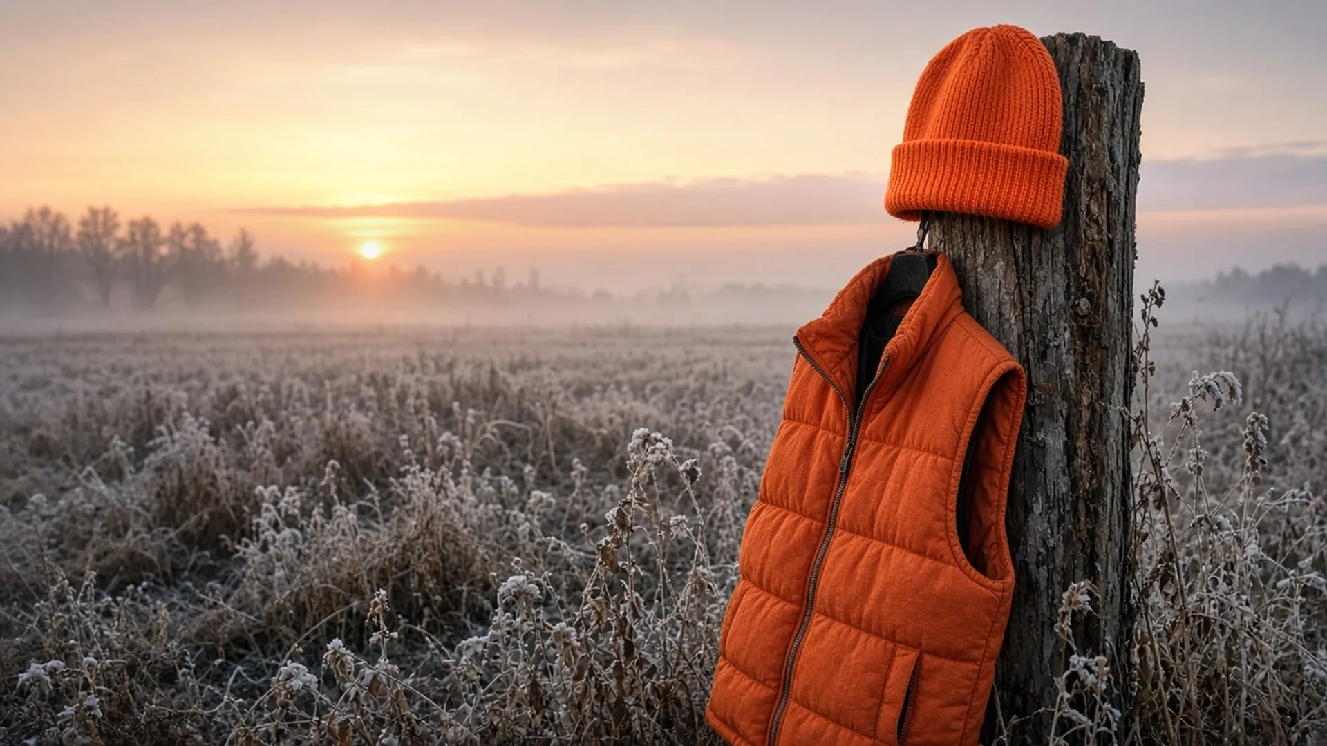 A blaze orange knit cap and vest hung on a weathered wooden fence post in a frosty field at dawn