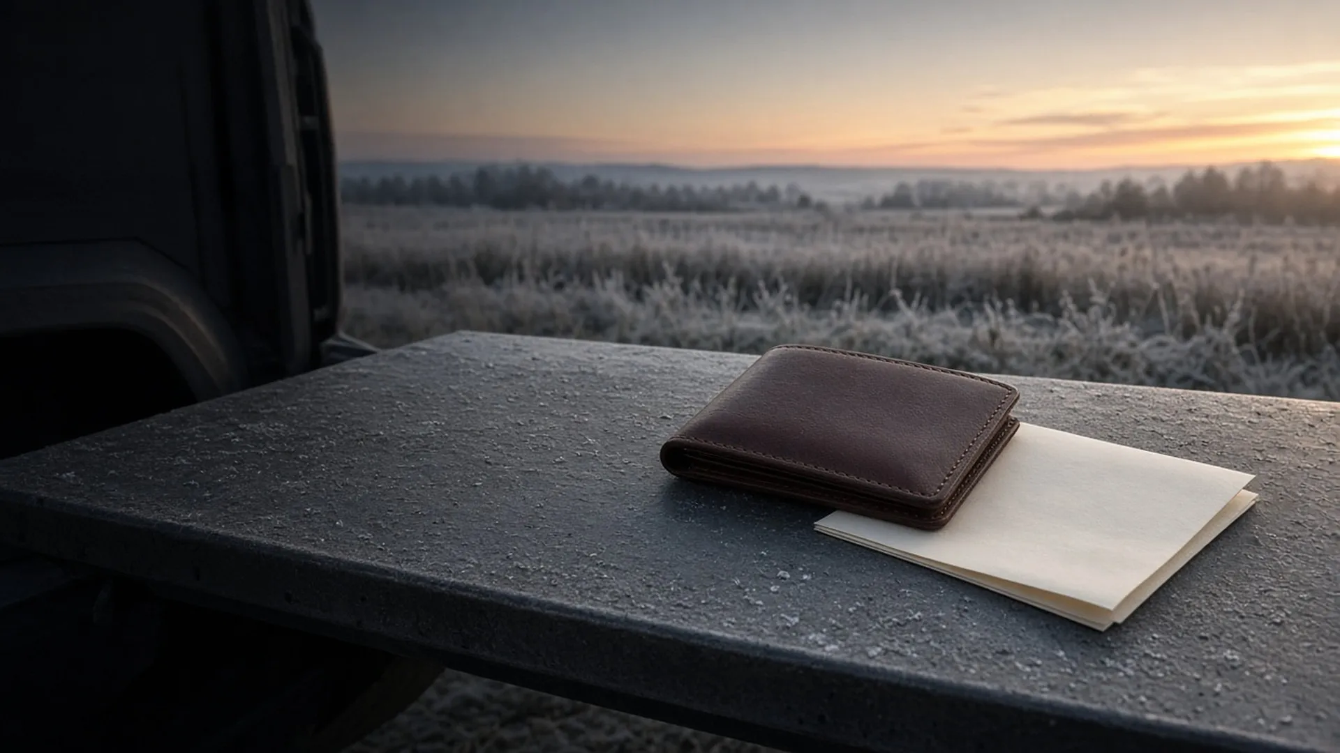 A leather wallet and a folded blank paper document with no readable text on a truck tailgate at dawn