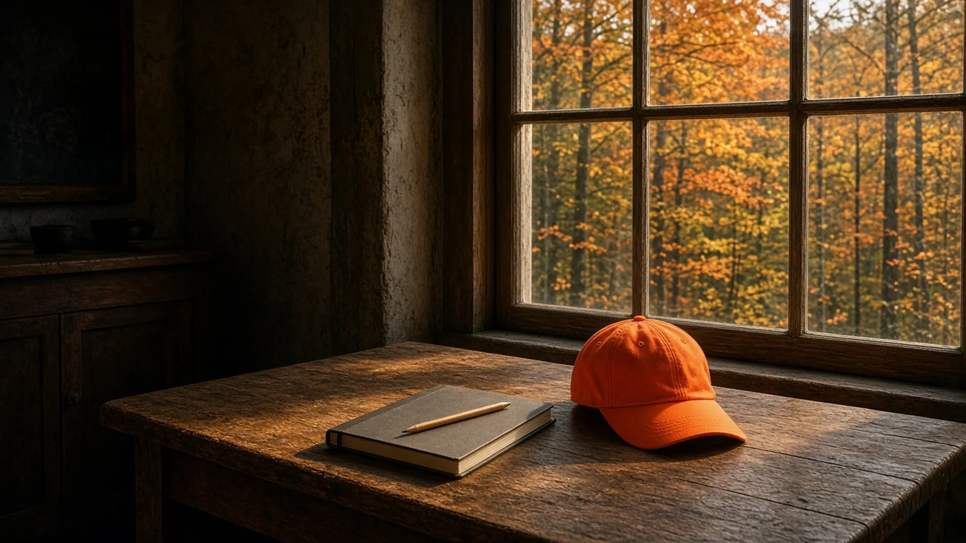 A quiet rustic classroom table by a window with a closed notebook