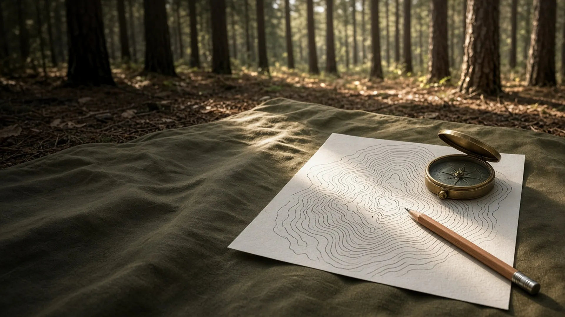 A brass compass on a paper topographic map with blank